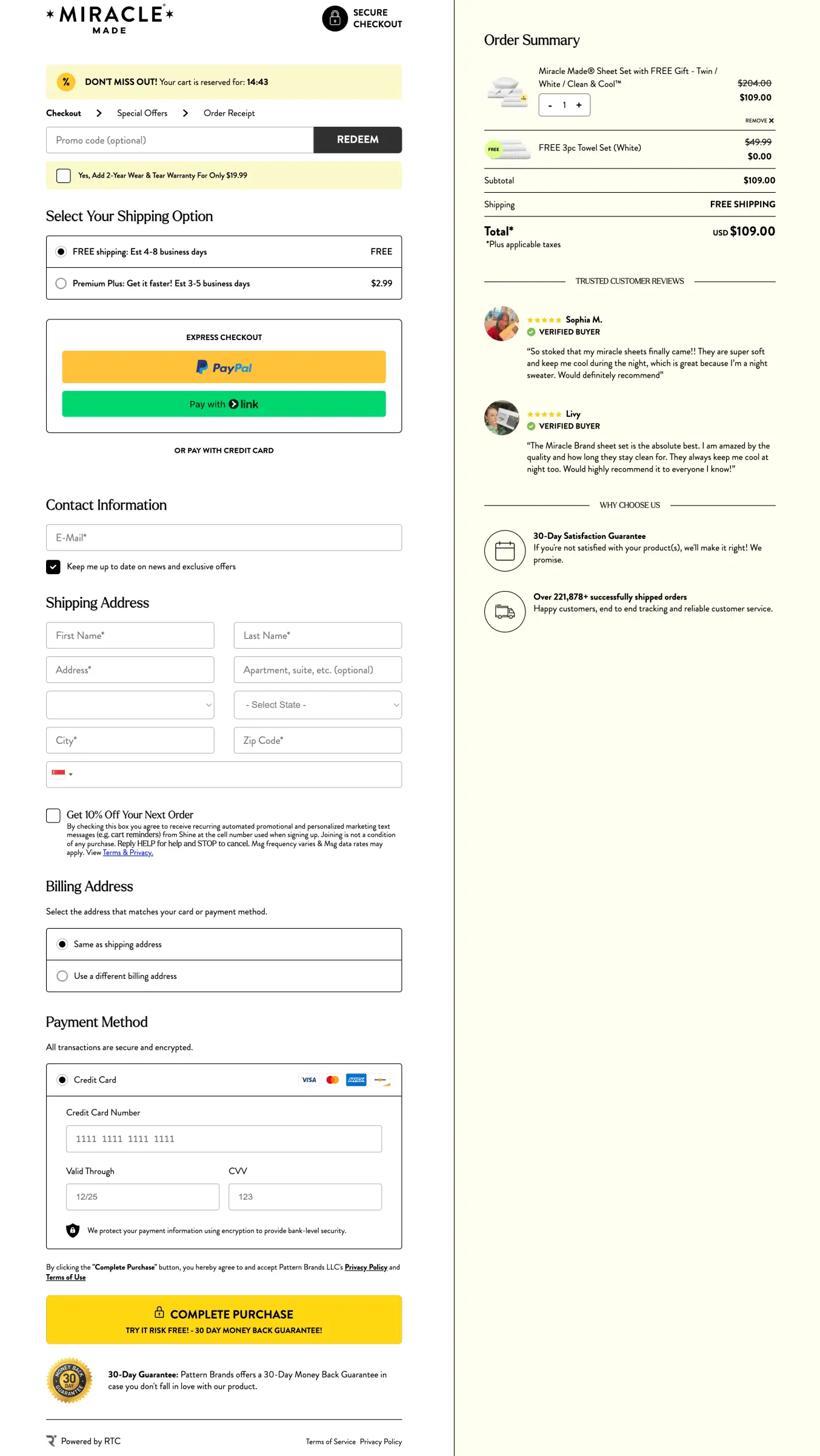 Miracle sheets checkout page
